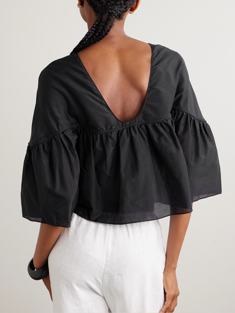Matteau bohemian gathered yoke long sleeve organic cotton silk black blouse US 4